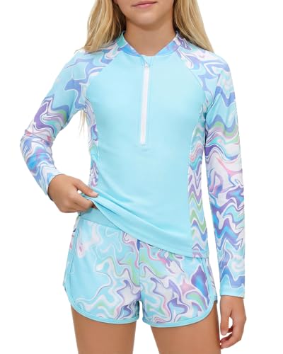 Image of JiAmy Girl Swimsuits with Shorts, Two Piece Girls Swimming Costume,Long Sleeve Kids Swimwear Zip Rash Guard Bathing Suit Blue 8-9 Years