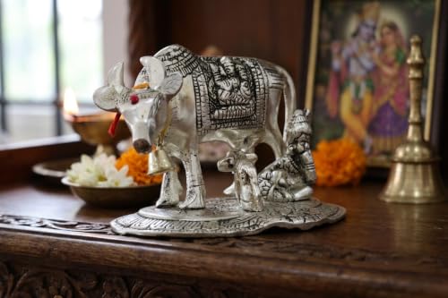 Image of KridayKraft Kamdhenu Cow and Calf with Krishna Idol, Silver-Plated Decorative Showpiece for Home Decor and Gift, 14 x 11 cm X 10 cm, 350 g
