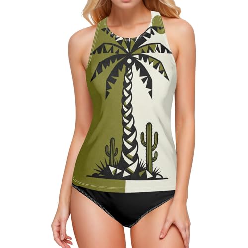 Haut tankini de bain gainant imprimé tropical chic et élégant en vert et beige pour femmes