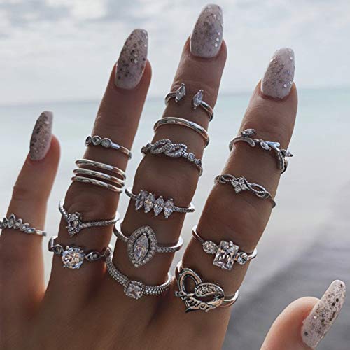 Missgrace Vintage Boho Womens Silver Leaf Open Rhinestones Knuckle Rings For Girls Stackable Midi Joint Finger Ring Set Hollow Carved Flowers For Women 15Pcs (Style 3) #TOP1