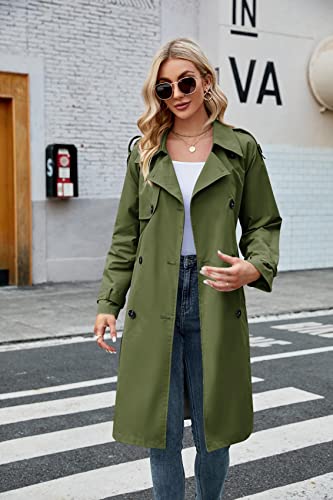 Makkrom Women's Double Breasted Long Trench Coat Windproof Classic Lapel Slim Overcoat with Belt