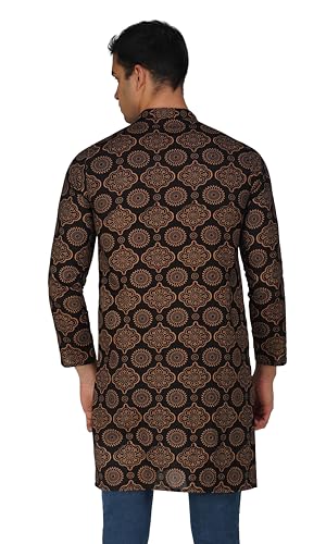 Image of Vastraa Fusion Men's Printed Kurta Pure Cotton Long Kurta, Round Collar, Full Sleeves, Button Kurta, Ethnic Wear