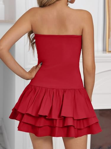 Image of Yousify Womens Sexy Strapless Tube Dress Summer Sleeveless Tiered Ruffle Club Party Mini Dresses with Built-in Shorts