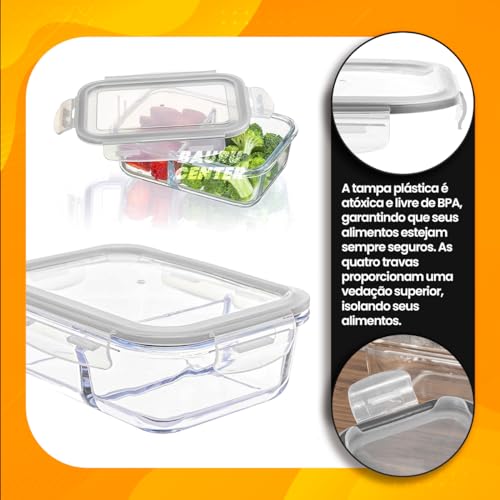 Conjunto Kit 2 Potes Vidro Hermético Divisória Retangular Marmita Fitness 640ml