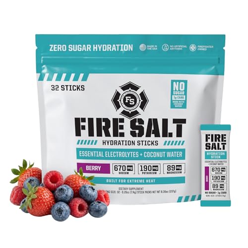 Image of Fire Salt Berry Electrolyte Hydration Sticks, Zero Sugar, 32 Count | Electrolytes & Coconut Water, Hydration Drink Mix with Magnesium, Potassium & Sodium, Single Serve On the Go Packs