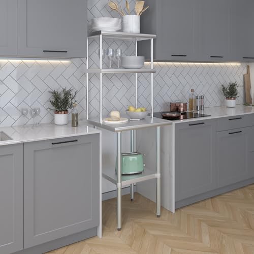 AmGood Stainless Steel Double Deck Overshelf – 14 in. x 24 in. – Heavy Duty, NSF Certified, Commercial-Grade, Adjustable Tiered Shelf for Kitchen Prep Tables and Workbenches