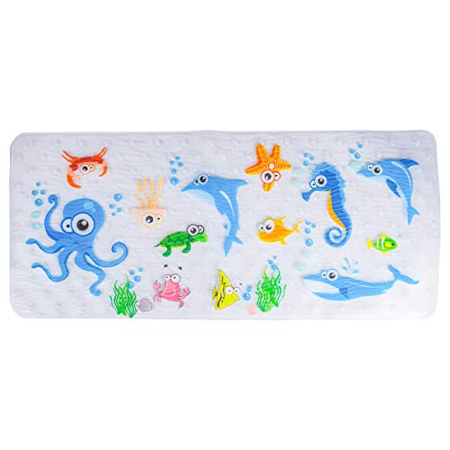BEEHOMEE Bath Mats for Tub Kids - Large Cartoon Non-Slip Bathroom Bathtub Kid Mat for Baby Toddler Anti-Slip Shower Mats for Floor 35x15,Machine Washable XL Size Bathroom Mats (Blue-Octopus)