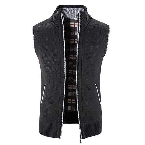 Mens Casual Flannel Vests Sweaters Zipper Knitted Stand Collar Sweater Sleeveless Plain Fashion Tops