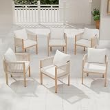DAYARUS Patio Dining Chairs Set of 6, Rope Rattan Patio Furniture Set, All Weather Outdoor Dining Chairs with Cushions, Metal Barrel Dining Room Chair, Modern Kitchen Chair for Balcony/Porch, Beige