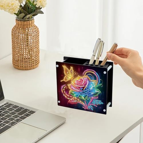 DCIDBEI Diamond Painting Schreibtisch Organizer 13x12cm Diamant Painting Bilder Stifthalter Multifunktions Becher für Kugelschreiber Rosen Schmetterling