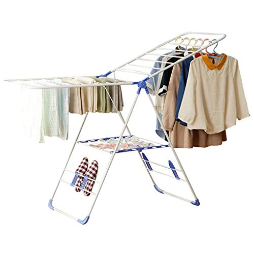 Clothes Airer with Wings Expandable 4 Shoe Holders Laundry Drying Rack Washing Line Dry Towel Rail for Indoor or Outdoor Height Adjustable in Blue