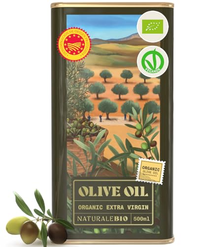 NaturaleBio Organic Olive Oil Extra Virgin 500ml. Harvested in Spain. D.O.P Certified. Premium Cornicabra and Picual Olives from Centenary Trees. Cold Pressed for Superior Flavour and Aroma.