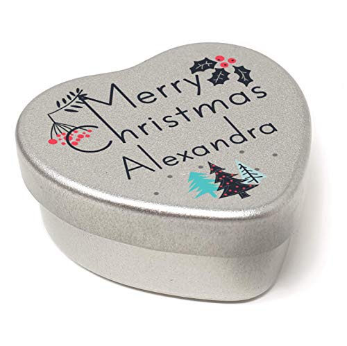 The Plum Penguin Personalised Merry Christmas Name Heart Shaped Mini Tin Xmas Personalised Name Chic Christmas Trees filled with mini chocolates