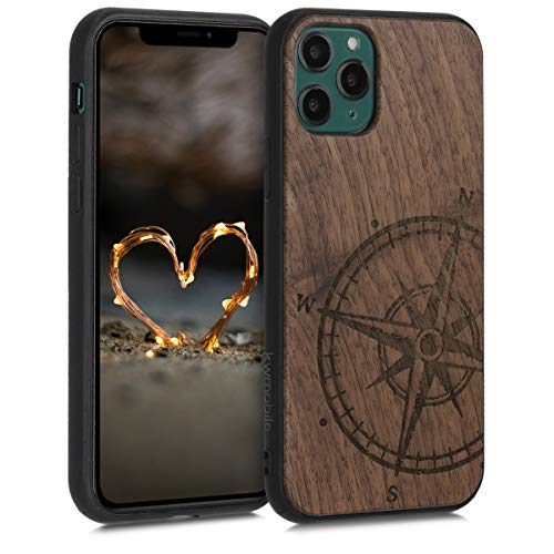 Kwmobile Cover In Legno Per Xiaomi Mi 11 - Retro Rigido Con Bumper TPU - Design Bussola Vintage Marrone Scuro - 2