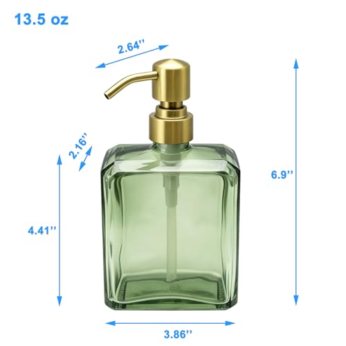 Image of Green Glass Soap Dispenser Square 13.5 oz Hand Soap Dispenser | Rectangular, Rust Proof Stainless Steel Pump, Refillable, For Bathroom Vanity & Kitchen Countertop