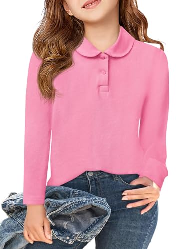 Haloumoning Girls Long Sleeve Polo Shirts Kids Peter Pan Collar School Uniform Shirts Cute Tops 5-14Y, Pink, 5-6 Years