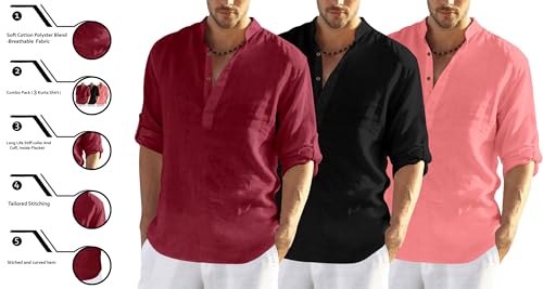 Image of Zombom Combo of Men's Solid Cotton Polyester Blend Full Sleeve Mandarin /Chinese Collor Straight Kurta Shirt (Pack of 3)