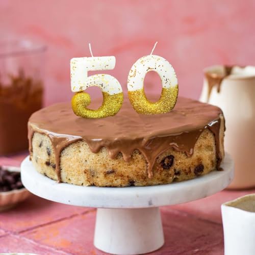 Image of Wanna Party Gold Glitter Number 50 Birthday Candle - Elegant Gold & White Cake Topper for 50th Birthday Party, Sparkling Double Digit Cake Decoration