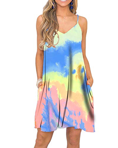 Image of Women's Summer Spaghetti Strap Casual Swing Tank Beach Cover Up Dress with Pockets