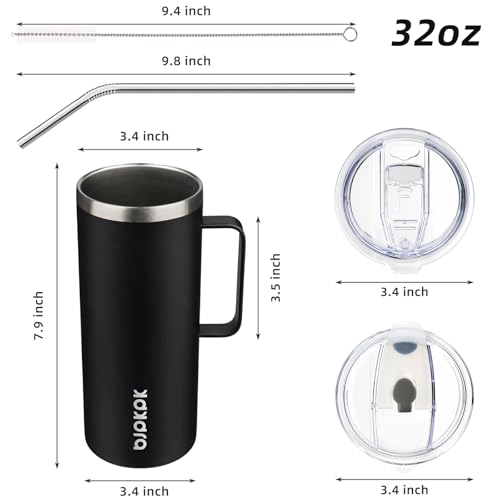Image of BJPKPK 32oz Insulated Coffee Mug with Handle, Stainless Steel Travel Mug | Keeps Drinks Hot & Cold, Double Wall Vacuum, 2 Lids Included, BPA-Free Coffee Tumbler for Home, Office & Travel