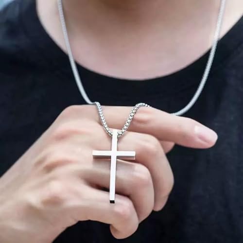 Cross Necklace for Men, Silver Cross Stainless Steel Pendant Necklace, Mens Cross Chain3
