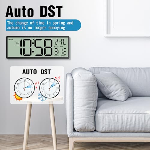 Image of XREXS 14.5 inch Digital Wall Clock Battery Operated with Big Digits LCD Screen Display, Large Display Timer with Temperature Date Week Auto DST, Alarm Clock for Classroom, Livingroom, Office