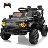 YOFE 12V Ride on Toy for Kids, Ford Bronco Raptor Kids Electric Car with Parent Remote Control, Battery Powered Truck Car with 4-Wheel Suspension, LED Light, Bluetooth, 3 Speeds (12V, Black)