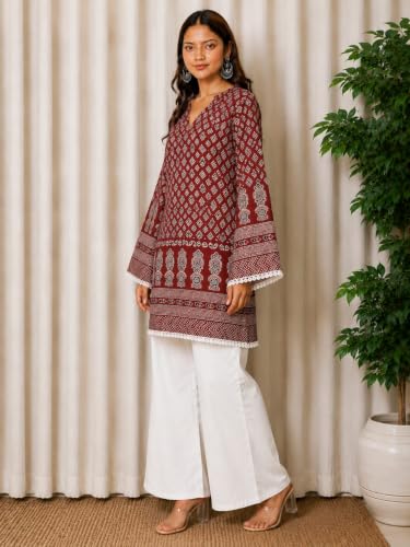 Image of Maroon Ajrak Printed Cotton Kurti for Women
