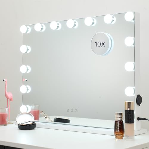 DAYU Espejo de Maquillaje Hollywood con Luz LED - 15 Bombillas, Control Táctil, 3 Modos de Color, Brillo Ajustable, Memoria, Puerto USB, Montaje en Pared o de Mesa