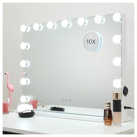 DAYU Hollywood Sminkspegel med 15 LED-belysning, 3 färger dimbar sminkspegel med USB för väggmontering smart touch-kontroll, 58 x 46 cm, vit