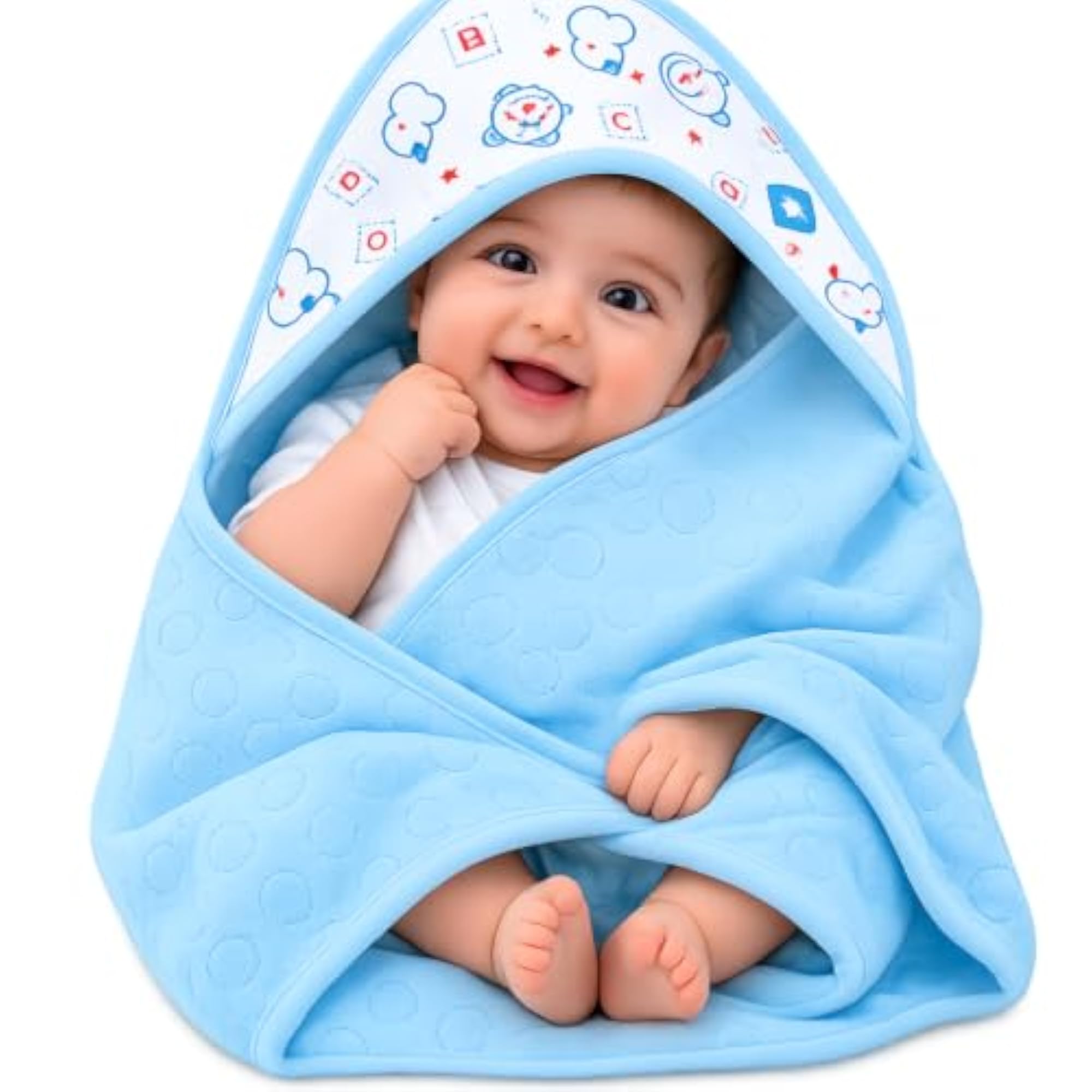 Baby Hooded Blanket Wrap, Blue Teddy Bear Print