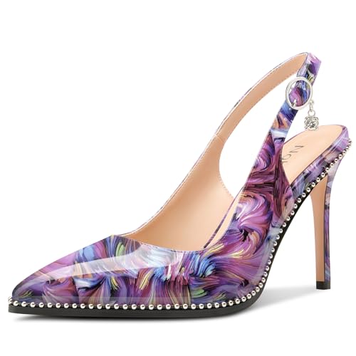 NobleOnly Slingback Beaded Pumps for Women High Stiletto Heel Pointed Toe Slip-on Dress Sandals Adjustable Buckle Rhinestone Patent Leather 3.9 Inches Heels