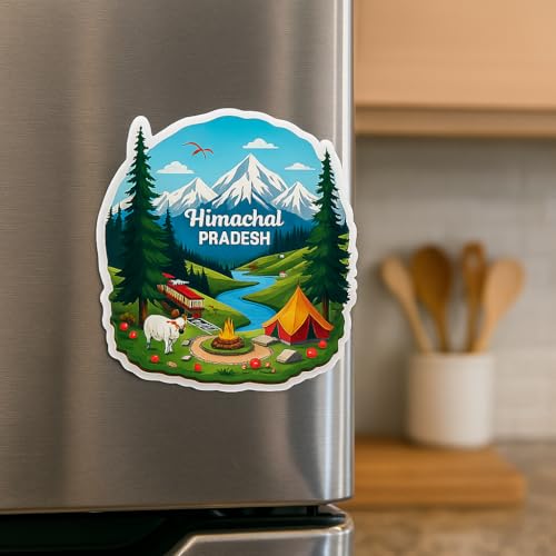 Image of Naxon Himachal Pradesh State Theme Souvenir Wooden Fridge Magnet for Refrigerator - Printed Fridge Magnet for Kitchen & Home Decor | Perfect Souvenir Gift | Size 3x3 in | Pack of 1