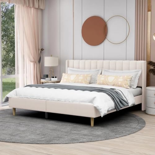 Image of Low Profile Upholstered Platform Bed with Winback Headboard | Bed King Size | Bed Without Storage | Upholstered Beds King Size | Mattress not Included | Finish Color:- Cream
