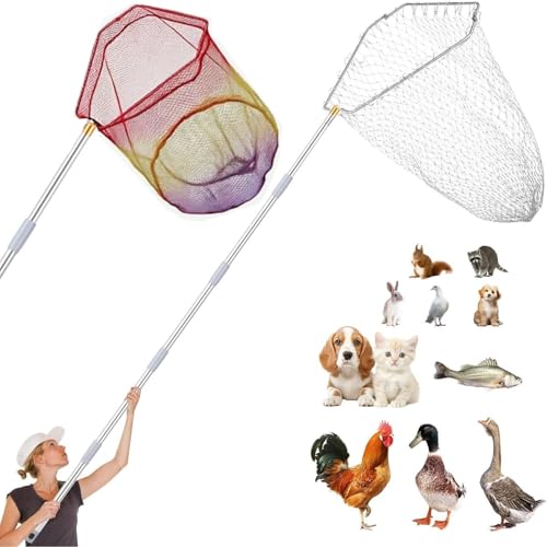 Chicken Catching Net Set 2 Nets with Adjustable 74 Inch Pole Lightweight Bird & Animal Catcher for Chickens Ducks Geese Fish Cats Heavy-Duty Nylon Net with Stainless Steel Frame