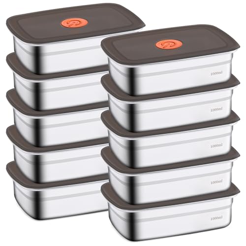 CLWVPCOT 10 Pack Stainless Steel Food Storage Containers with Leak-Proof Lids, 34oz Reusable Metal Meal Prep Lunch Boxes, Stackable, BPA-Free, Dishwasher Safe for Snacks, Fruits & On-the-Go Meals