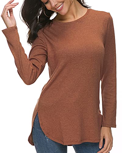 Herou Women s Casual Long Sleeve T Shirt Crewneck With Side Split Fall Pullover Loose Tunic Sweater Tops (1-caramel, Large)