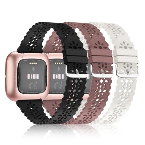 YAXIN Paquete de 3 correas deportivas delgadas compatibles con Fitbit Versa/Fitbit Versa 2/Fitbit Versa Lite para mujer, pulseras de repuesto de encaje de silicona suave para reloj inteligente Fitbit