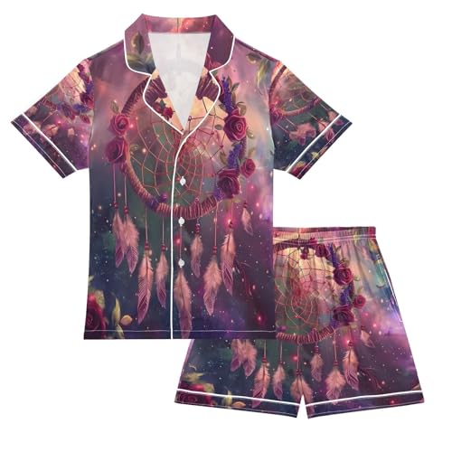 ALAZA Red Rose Dreamcatcher Galaxy Satin Pajamas Set Short Sleeve Button Down Sleepwear Summer Pjs 2 Piece