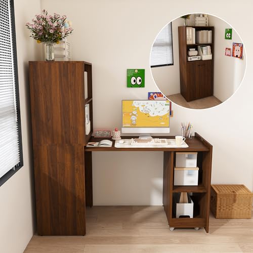 Image of Foldable Office Desk, Fold Out Convertible Hidden Murphy Computer Desk with Storage Shelves, Multi-Function Folding Writing Table for for Small Spaces, Home Office (Walnut)