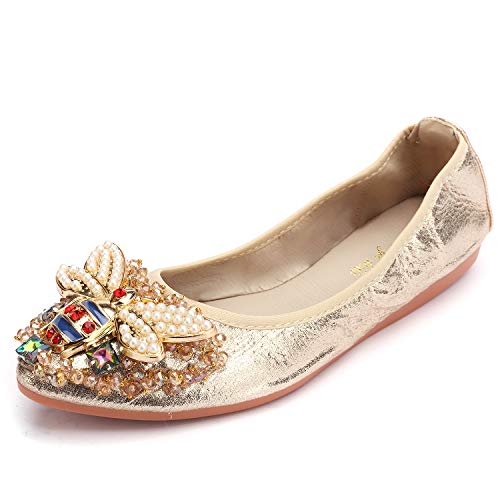 Stylein Women Ballet Flats Rhinestone Bee Ballerina Shoes Foldable Sparkly Comfort Slip on Flat Shoes Gold