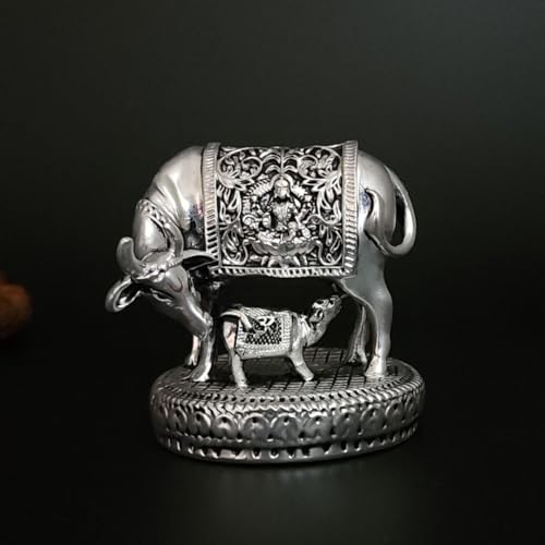Image of Gold Art India Kamdhenu Cow and Calf Idol | Silver Plated Antique Finish Decorative Murti | 6.35 cm x 6.35 cm | Sacred Gau MATA Statue for Home Temple & Gift