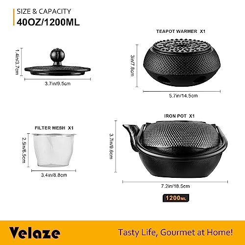 Velaze Cast Iron Teapot Set,1100 ml/37oz Japanese Teapot Heat Preservation with Warmer and Stainless Steel Infuser,Durable Cast Iron with Fully Enameled Interior,Beautiful Hammered Design