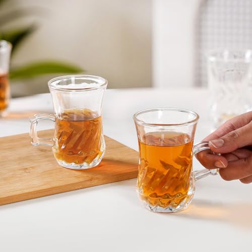 Image of Nestasia Set of 6 Transparent Glass Tea Cups (150ml Each) - Swirl Embossed Durable & 100% Food-Safe Coffee Mugs | Perfect for Coffee, Tea, Hot & Cold Beverages