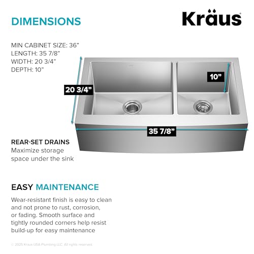 Kraus KHF203-36 Standart PRO Kitchen Stainless Steel Sink, 36 Inch Round Apron 60/40 Double Bowl - image 6