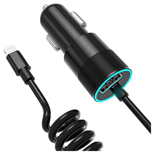 Coiled Cable Car Charger Compatible iPhone 13 12 11 10 Pro XR/X/XS MAX / 8 Plus / 8/7 / 6s / 6s Plus 5S 5 5C SE, iPad and More, with Extra USB Port