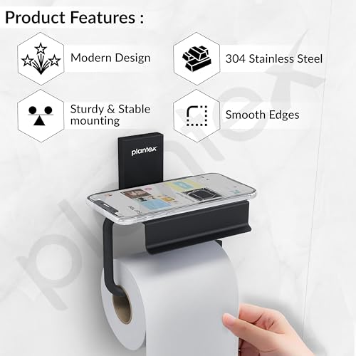 Image of Plantex 304 Grade Stainless Steel Bathroom Toilet Paper Holder with Mobile Stand /Toilet Tissue Holder /Bathroom Accessories (Crystal, Black)