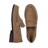Women's Low Heel Loafers Stacked Heel Slip On Dressy Shoes,Tan Suede,7.5