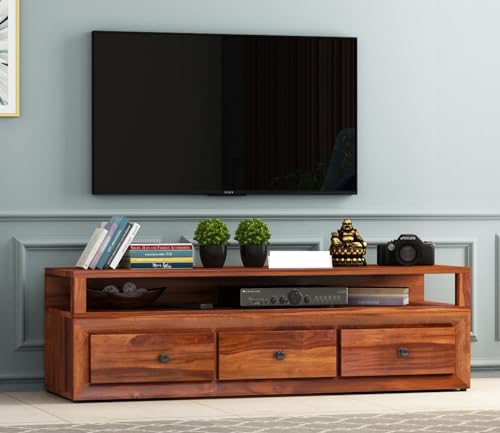 Image of Premium Sheesham Wood TV Unit with 3 Drawers and 1 Shelf Storage - Accommodates up to 55-Inch TVs - Perfect for Elegant Living Room Decor (Oliver, Honey Finish)