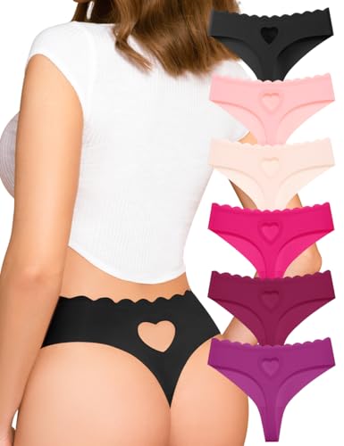 Womens Seamless Thongs Underwear No Show Thong Wave-waisted Invisible Panties Comfy Heart Cutout for Ladies 6 Pack